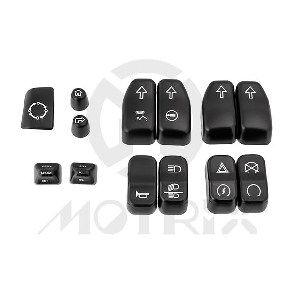 Lighted hand control switches cap kit. Fits '14-'19 TOURING MODELS with a BOOM! BOX audio system and '14-'18 FLHTCUTG models. Stock on '14-19 CVO TOURING models. Material: ABS