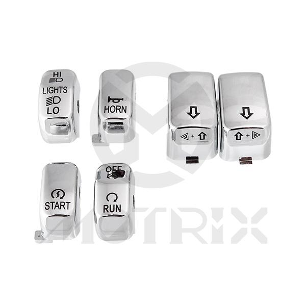 Chrome switch cap kit fits 02-17 VRSC, 96-13 XL and XR, 96-11 DYNA, 96-13 FLHR and 98-01 FLHRC models. Material: ABS
