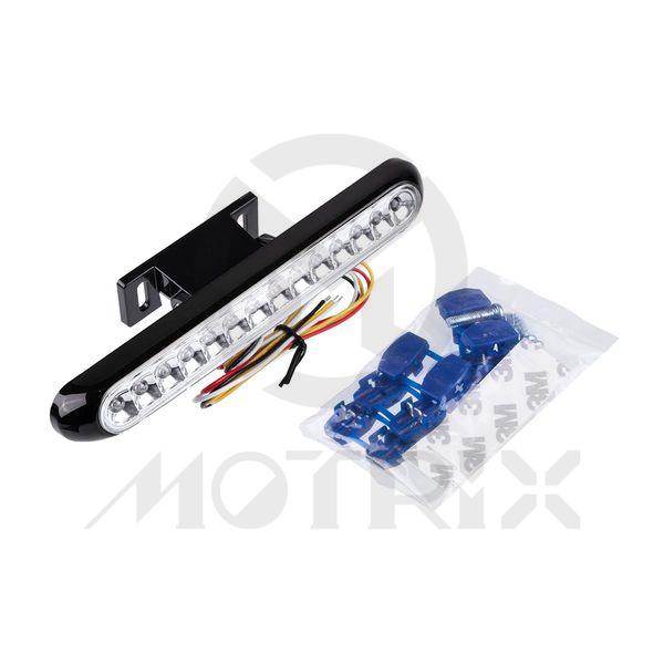 Black LED tail light with indicators and bracket. No E-mark