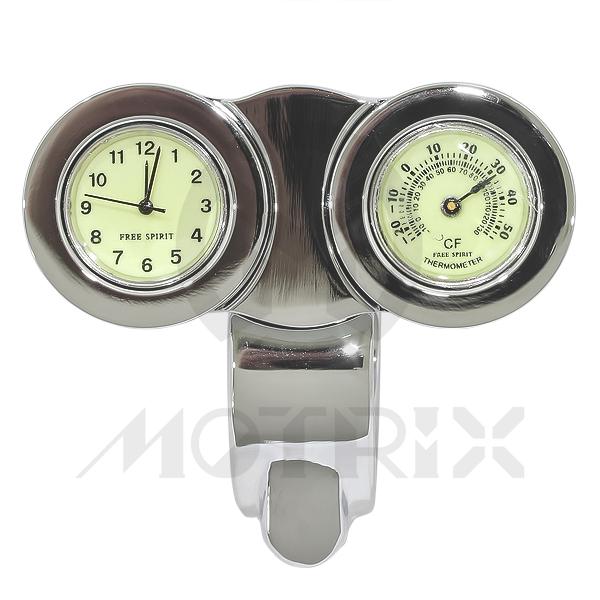 Chrome/White face Twin chrome mini handlebar clock temperature gauge