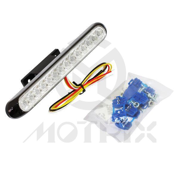 LED tail light with indicators and bracket including clip-on wire connectors, fixing screws, and stick-on pads NO E-MARK