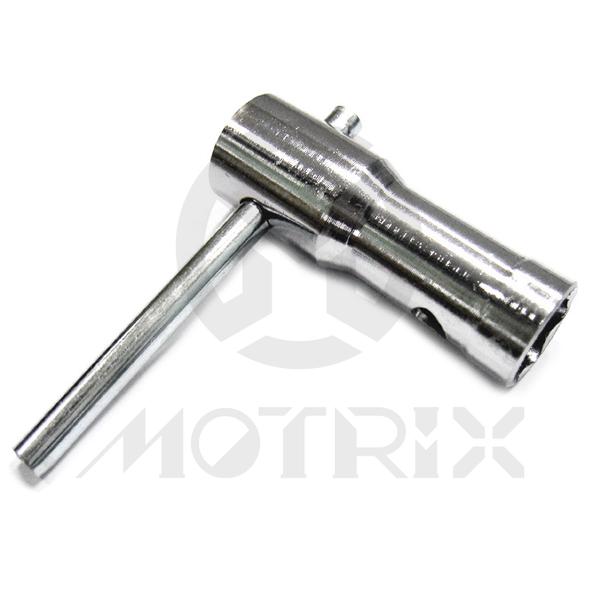 3 Way t-handle spark plug wrench, chrome 73 mm long.10Mm(thread)/16mm(hex) ,12mm(thread)/18mm(hex) ,14mm(thread)/20.8Mm(hex)
