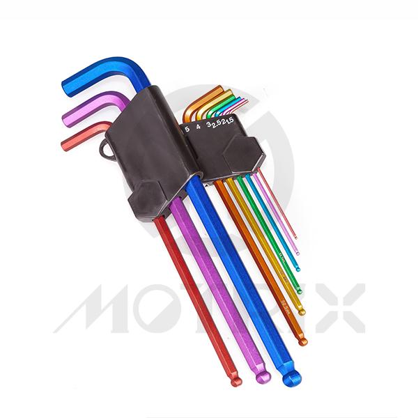 9Pcs extra long ball point hex key wrench set , size:1.5Mm-silver, 2mm-purple, 2.5Mm-green,3mm-light blue, 4mm-yellow, 5mm-red, 6mm-gray,8mm-blue, 10mm-light orange material: S2+chamfer