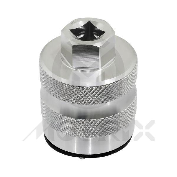 Fork cap tool , ideal tool to remove and install the fork cap. Fits most “ohlins” suspension models. There is a square hole on the backside for a 1/2” drive.The rubber cushion design prevents damage to the fork cap while using.Material: 7075-T6 aluminum.