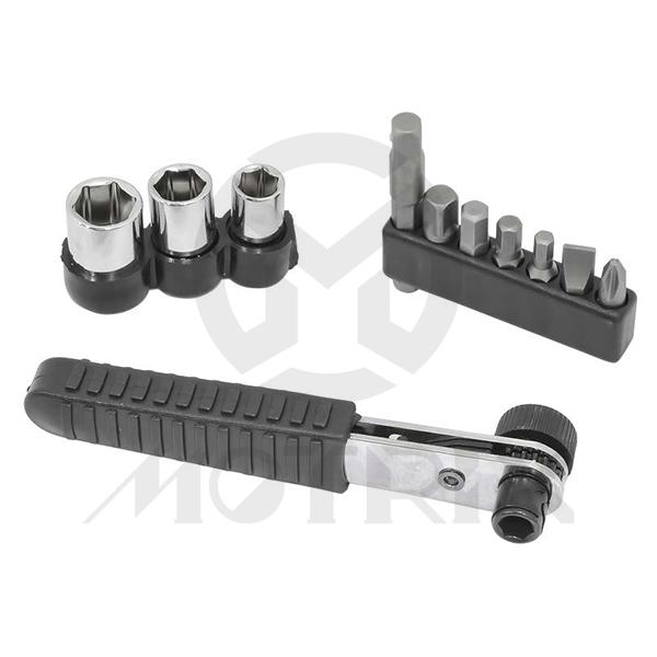 Mini ratchet driver 8/10/12mm sockets chrome vanadium , #2 phillips screwdriver, #2 flat head screwdriver, 4/5/6mm hex key 1/4 inch drive adaptor, 1/4 inch drive adaptor extension
