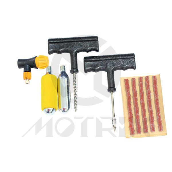 Co2 tire repair kits , 4 inch tire seal-5pc , t1 tool*1pc, t2 tool*1pc , co2 cartride 16g*2pc , regulator*1pc,insolator*1pc , e/a adaptor*1pc