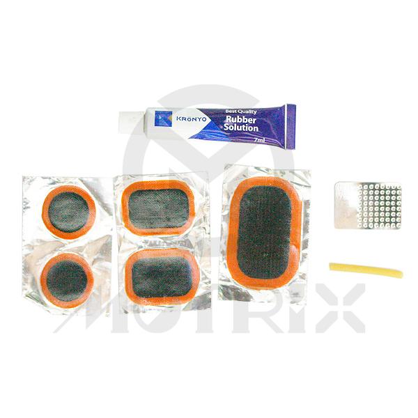 Cold patch repair kit , cold patch:24*35mm*2pc, 32*50mm*1pc,dia.25Mm*2pc , metal rasp*1pc , valve tubing*1pc , glue 10cc*1pc
