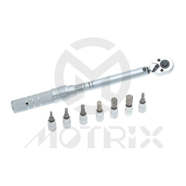 Mini torque wrench set-mat finished. 1/4" DR. 64T, torque wrench 5~25 / 53~212 IN-LB, L248MM, mat finished. Included 1/4" HEX 3,4,5,6,8,10&T25 (L:37MM) CR-V socket"