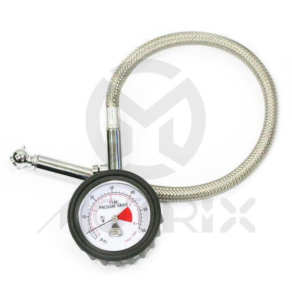 Extension series tire pressure gauge , dial dia.: 2Inch pressure range: 0~60psi, housing: black-painted steel, ring: chrome-painted steel, lens: acrylic, stem with release button, stainless braided hose & extension bar angle chuck, rubber protector