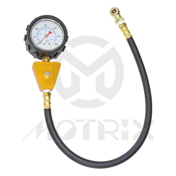 2.5 inch Tyre pressure gauge fit: atv bike (0-15psi) 18 inch high pressure hose high quality liquid filled 2.5 inch Dia gauge protective rubber boot with access hole for brass vent plug gold anodized 6061-t6 aluminum body with pressure relief valve 18 inc