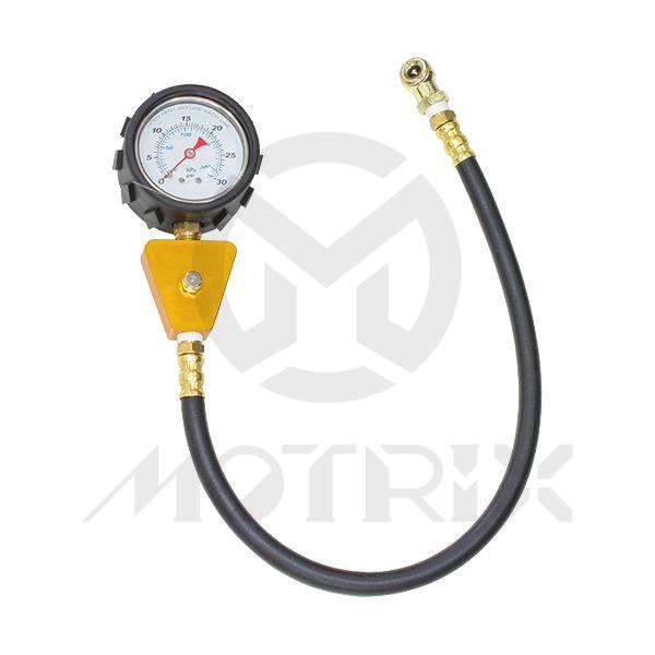2.5 inch Tyre pressure gauge fit: mx bike (0-30psi) 18 inch high pressure hose high quality liquid filled 2.5 inch Dia gauge protective rubber boot with access hole for brass vent plug gold anodized 6061-t6 aluminum body with pressure relief valve 18 inch