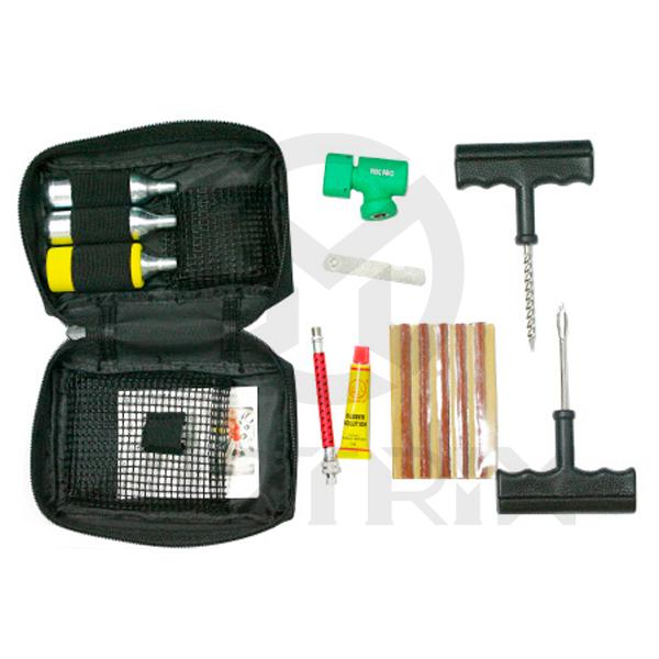 Co2 tire repair kit (tool bag) , 4 inch tire seal / 5pc , t2 / 1pc , t24 / 1pc , co2 cariridge 16g / 3pc , insolator / 1pc , knife / 1pc , glue 8ml / 1pc , instruction / 1pc