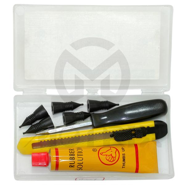 Tire repair kit (box) , rubber plug*5pc, tool*1pc,knife*1pc,glue 20cc*1pc