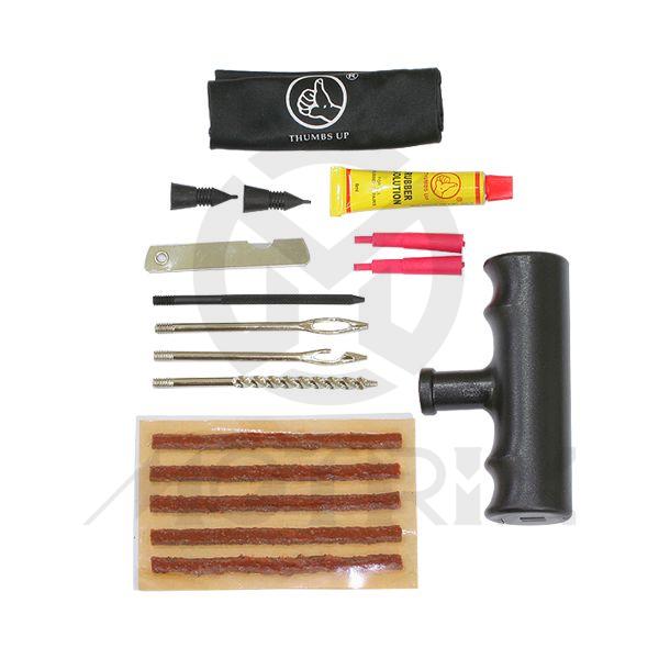 Tire repair kits rubber plug 3-node(red)*2pcs, tire plug-black*2pcs, 4 inch tire seal (brown)*5pcs/sheet, glue 8ml*1pc, knife*1pcs, 5 in 1 tools *1pcs, tool bag*1pcs