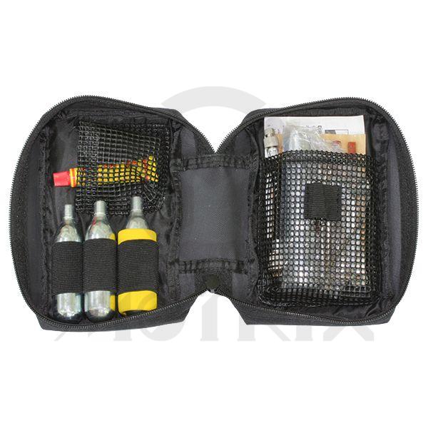 Tire repair kits 4 inch tire seal*5pcs, t60 tool*1set, co2 cartridge 16g*3pcs, regulator*1pcs, insulator*1pcs, knife*1pcs, glue 8ml*1pcs, e/a adaptor*1pcs, instruction*1pc