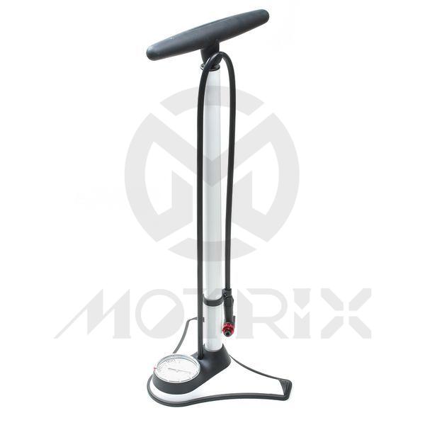 High pressure alum floor pump, alum barrel, steel base, two-pieces extruding alum barrel, unique bigger base pad, w/top-mounted gauge, W/DVN twin valve, two-tone handle