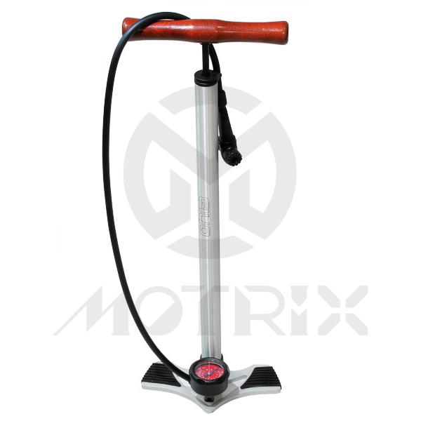 26 inch High pressure floor pump , wooden handle, alum barrel & base include 2 non-slip plastic w/twist and lock twin head
