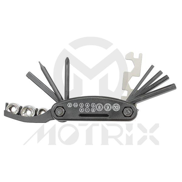 14 In 1 folding motorcycle tool set size: 4-hex3-4-5-6mm, 2-srrcewdrive:⊕2θ5(φ5), 1-1/4” materail: cr-v+chamfer, 5-open wrench:13-14-6-6.3-6.4Mm material:cr-v, 3-socket:8-10-12mm material:cr-v