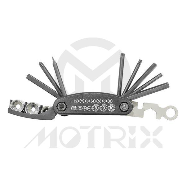 14 In 1 folding motorcycle tool set size: 3-hex:5/32-3/16-1/4 inch, 2-torx: t25-t27, 2-screwdiver:⊕2θ5(φ5),1-1/4” material:cr-v+chamfer 4-open wrench:10-12mm point box/9/16 open end-6mm spoken wrench material: cr-v, 3-socket:3/8-7/16-1/2 inch materail: cr