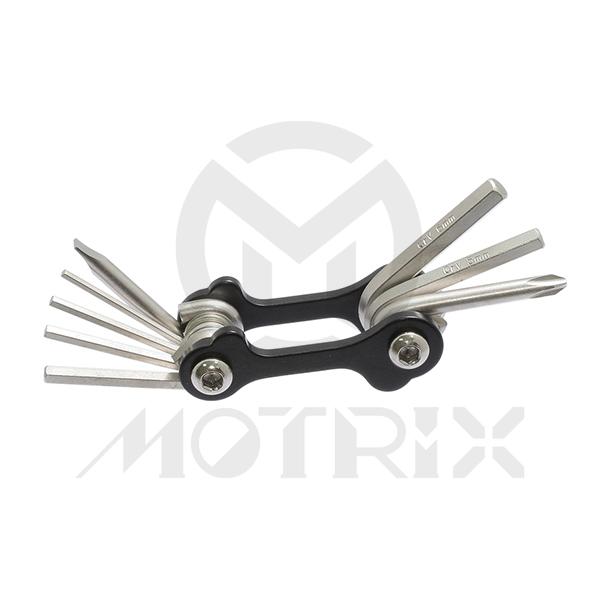 Mini tool dog bone housing, alum. 8 Functions: hex key 2/2.5/3/4/5/6Mm+/-screwdriver