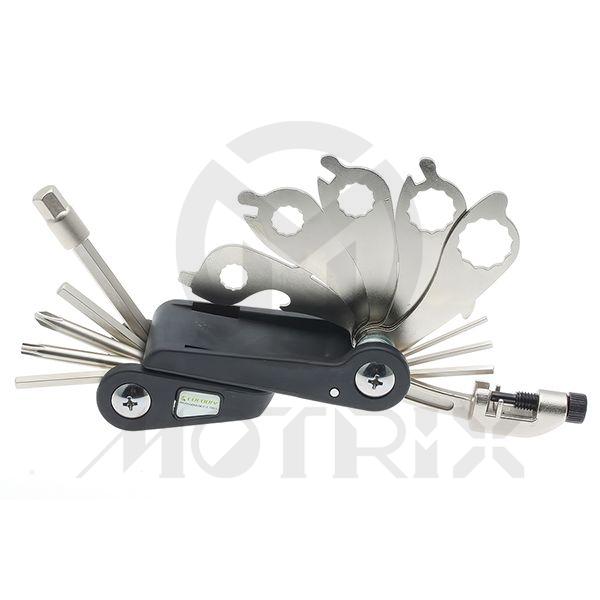 Multi tool 21 function 2-8mm hex key +/-screwdriver torx t25 chain tool 8/9/10/13/15mm box wrench, spoke wrench opener tire lever