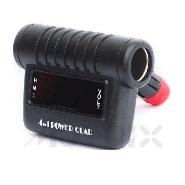 Power quad with 4 funtions: 1.Digital voltage meter 2.Two ligarette socket 3.Charge 4.Extension cord