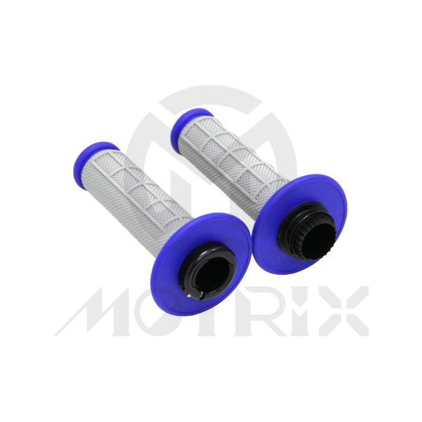 Two colors lock-on grip with throttle cams. Flange: blue, body: grey.