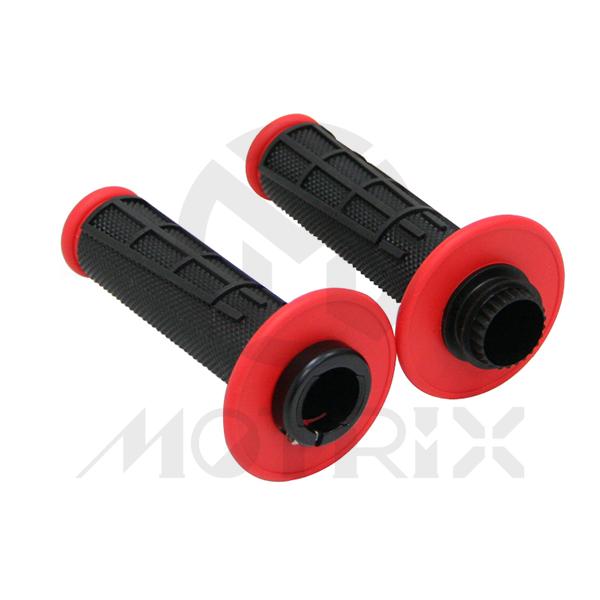 Two colors lock-on grip with throttle cams. Flange: red, body: black.