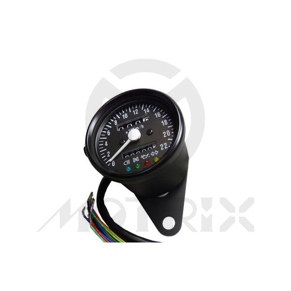 Speedometer, odometer, trip. Black panel. 0-220 KPH. Mechanical with LED lights, Diameter: 60mm
