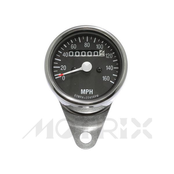 Chrome mini speedometer. Black. Diameter: 60 mm. 0-160 MPH