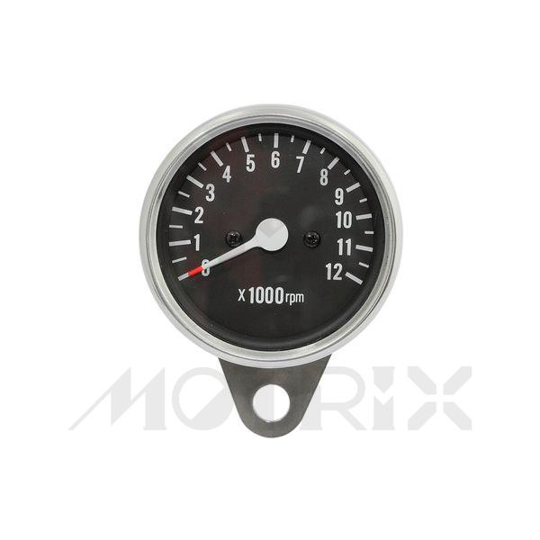 Chrome mini tachometer,Black panel, D/60mm,1:5 ratio, 0-12 x1000RPM