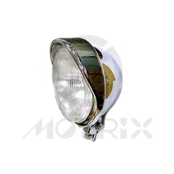 Headlight 5 1/2” bottom mount chrome with visor H4 12V 60/55W bulb, with E-mark