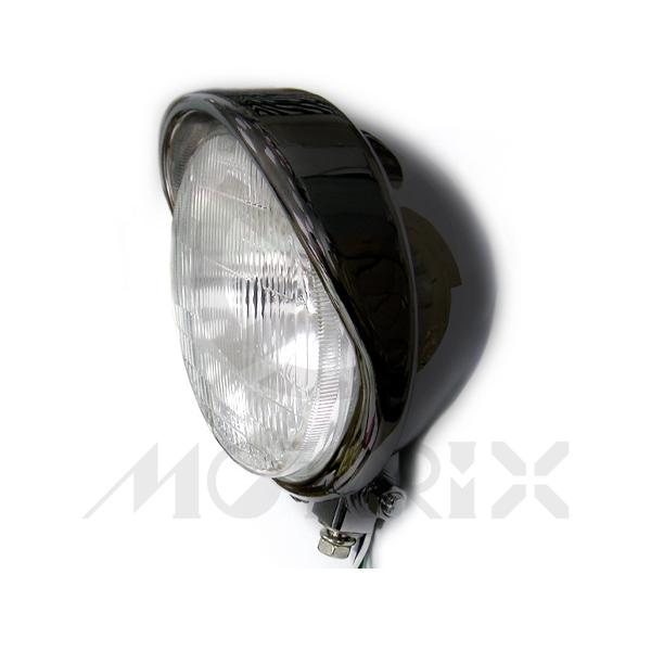 Headlight 5 1/2” bottom mount black with visor H4 12V 60/55W bulb