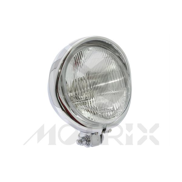 Headlight 5 1/2” bottom mount chrome with visor H4 12V 60/55W bulb, DOT approved