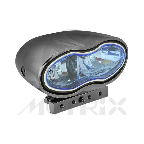 Forged twin headlight blue lens, black base, with cover and bracket E-mark