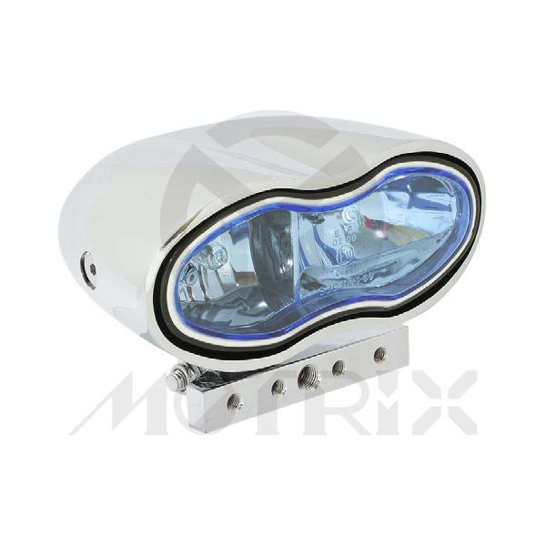 Forged twin headlight blue lens, chrome base, with cover and bracket E-mark