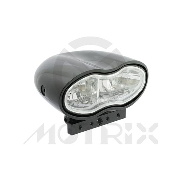 Forged twin headlight clear lens, black base, with cover and bracket E-mark