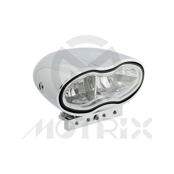 Forged twin headlight clear lens, chrome base, with cover and bracket E-mark