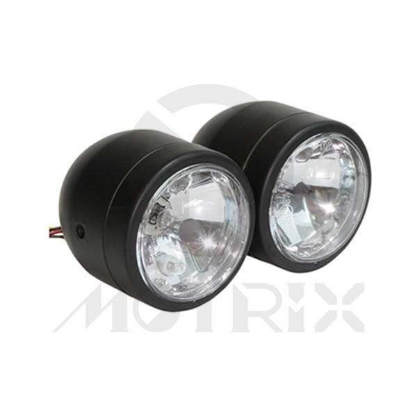 Twin headlight black 4'' side mount, diamond lens, bulb H7 & H4, with E-mark