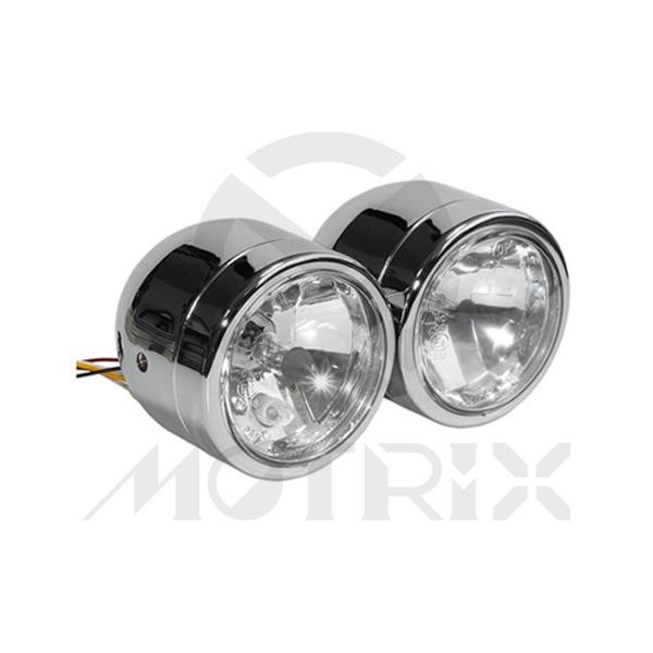 Twin headlight chrome 4'' side mount, diamond lens, bulb H7 & H4, with E-mark