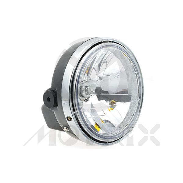 Headlight 7'' side mount, bulb H4 diamond lens ring chrome / shell black