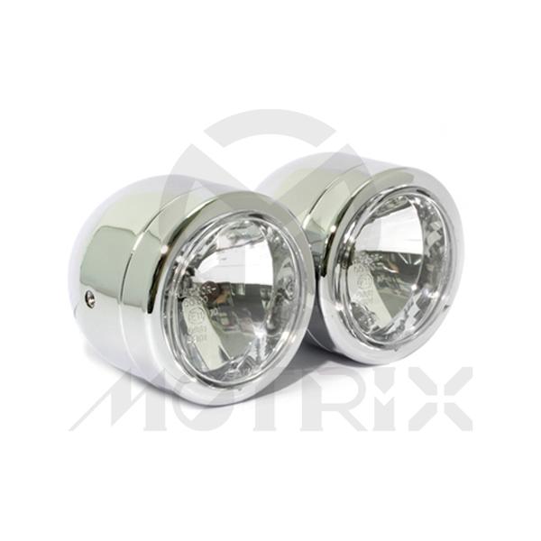 Twin headlight chrome 4'' side mount, bulb H7 & H4, with E-mark