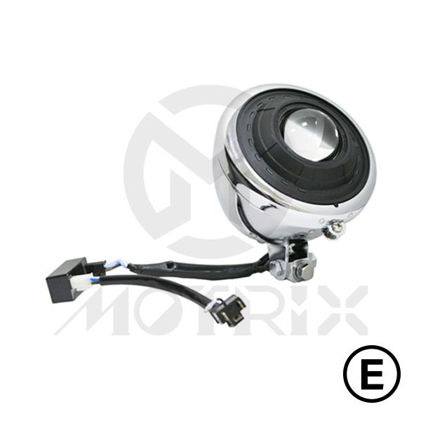 5 3/4'' Headlight chrome bottom mount, fish eye high and low beam, LED angel eye (parking light), Matte black, ECE approval.