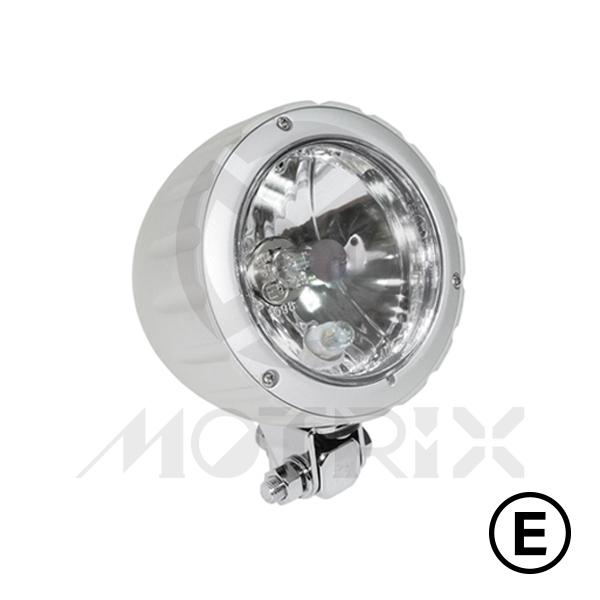 Headlight, silver 4'' bottom mount CNC housing with H4 12V 60/55W bulb, with E-mark