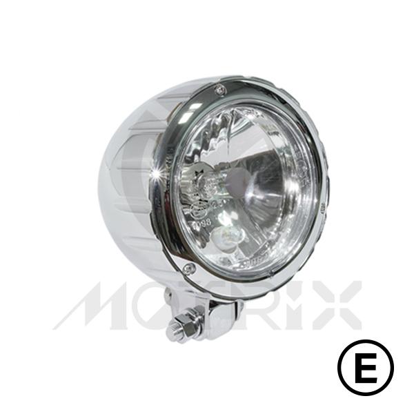 Headlight, chrome 4'' bottom mount CNC housing with H4 12V 60/55W bulb, with E-mark