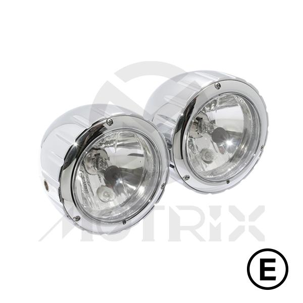 Alloy twin headlight, chrome 4'' side mount, bulb 12V 55/60w, with E-mark