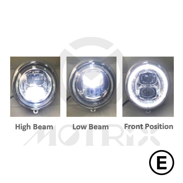 5 3/4'' LED high & low beam, chrome, Position lamp included, clear lens, ECE approval