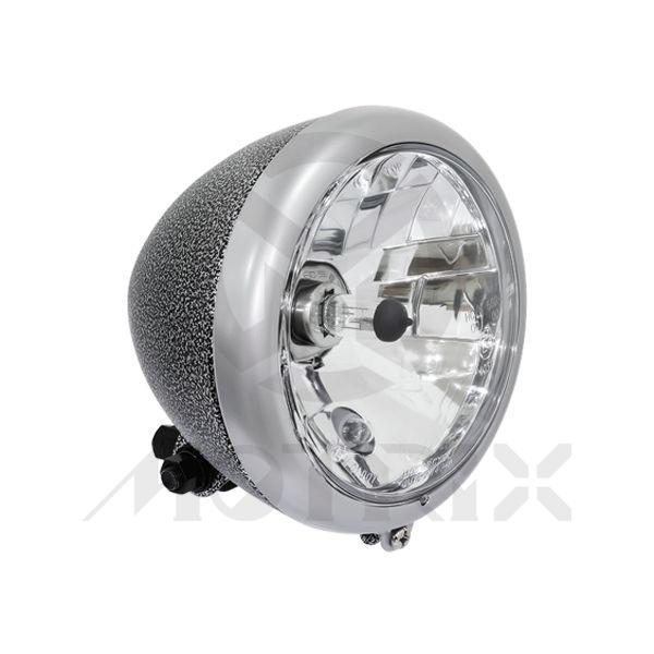 Bottom mount headlight with silver painting, bulb : H4 12V 60/55W, (High / Low beam) T10 12V 5W (position), with E-mark