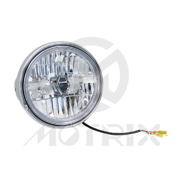 7'' LED headlight. Clear lens, black housing, High beam + low beam + front position lamp, ECE & DOT approved