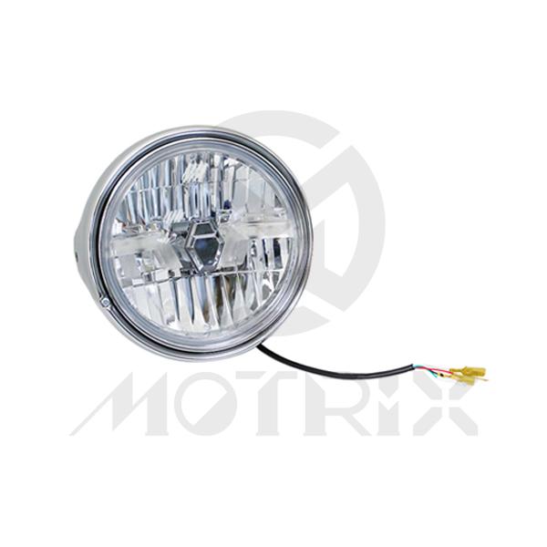 7'' LED headlight. Clear lens, chrome housing, High beam + low beam + front position lamp, ECE & DOT approved